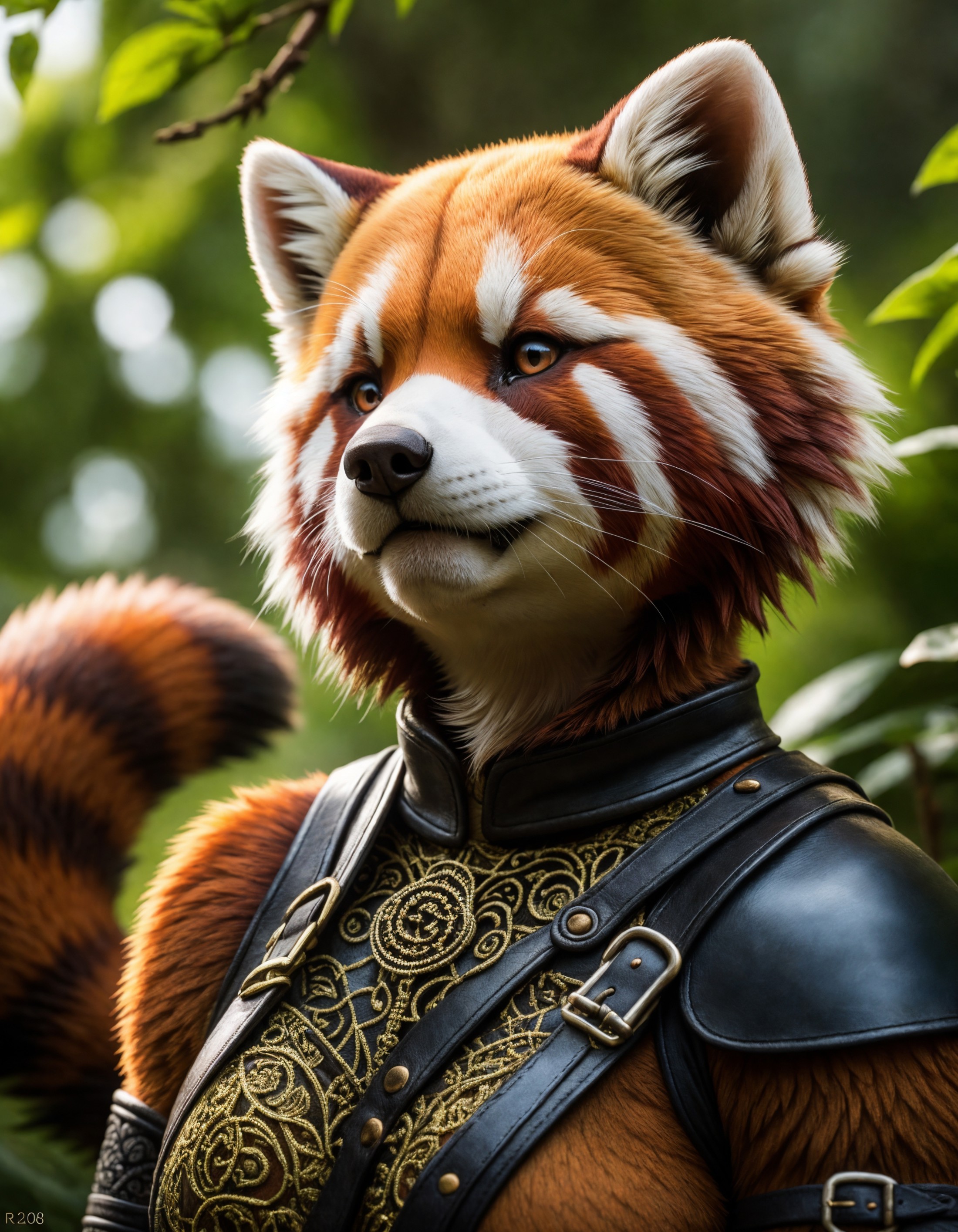 (a anthro red panda_adventurer), (detailed leather outfit),holding sword ,searching for treasure, epic overgrown temple ru...